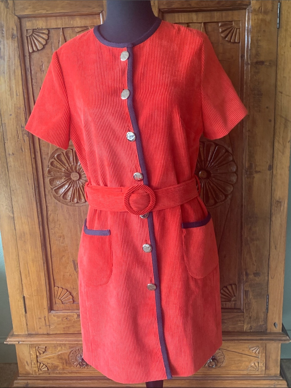 Tara Jarmon, Paris Retro Orange-Red Corduroy Belted Mini Dress